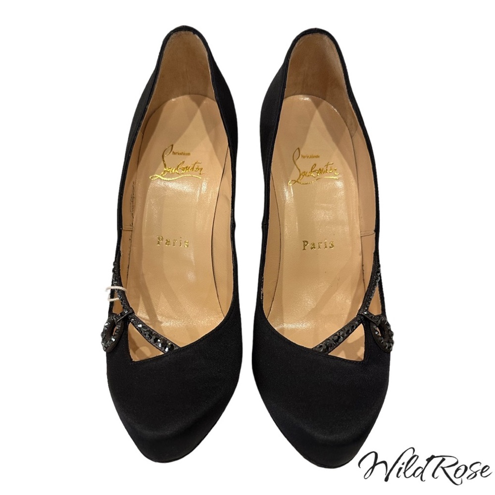 CHRISTIAN LOUBOUTIN Black Satin Rhinestone Embellished Heels SZ 38 - Picture 1 of 15